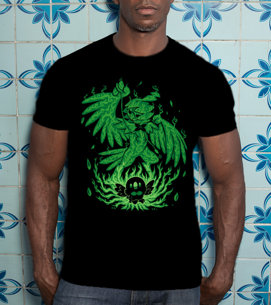 Evolution Pokemon Decidueye Rowlet Ghostly Green Flames T-Shirt