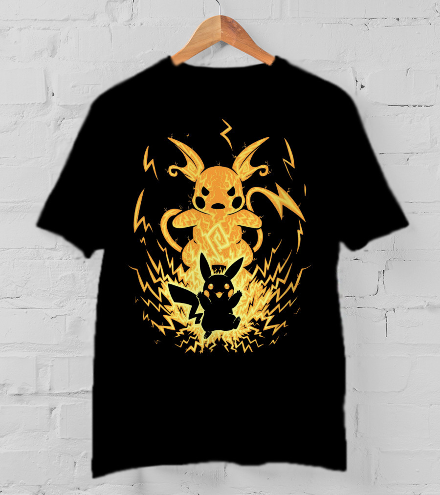 Evolution Pokemon Raichu With Pikachu And Lightning Background T-Shirt