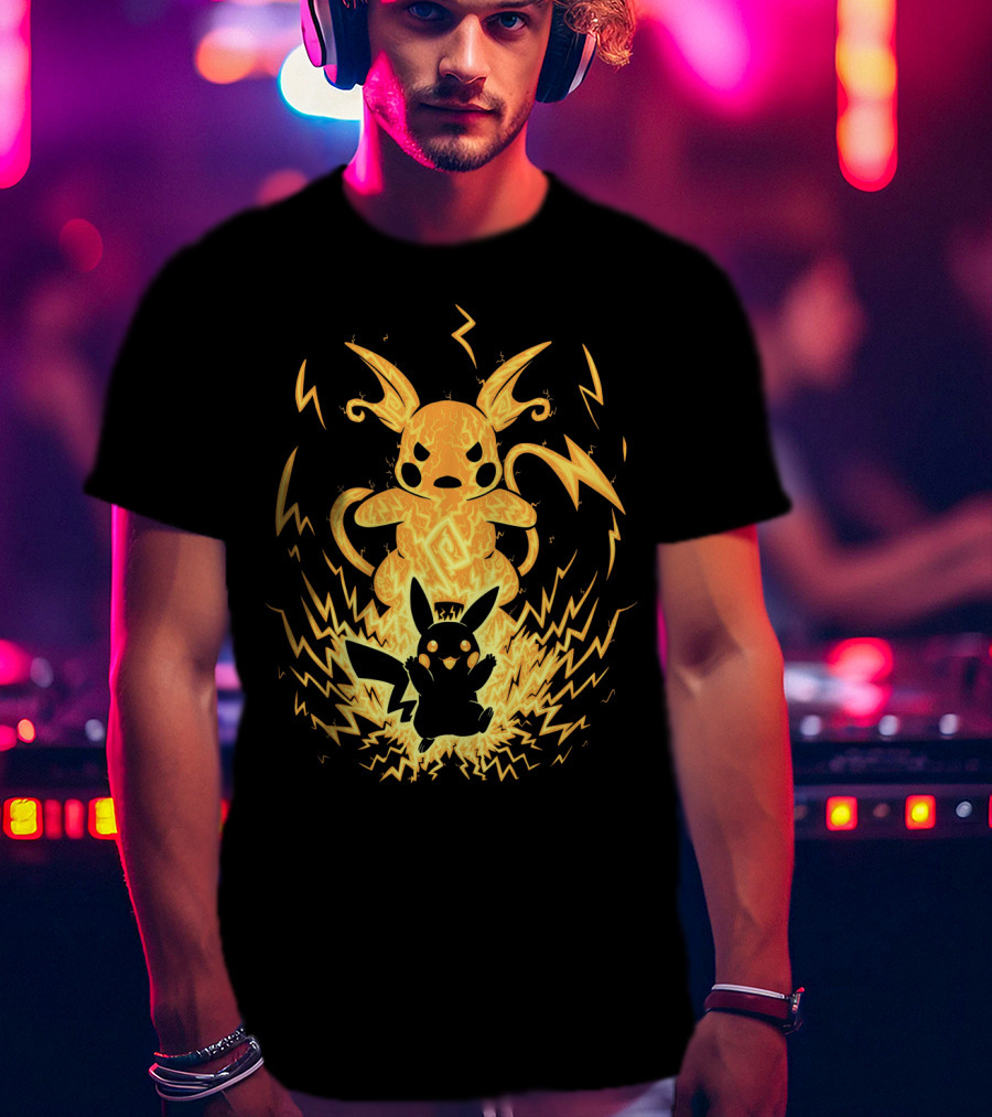 Evolution Pokemon Raichu With Pikachu And Lightning Background T-Shirt