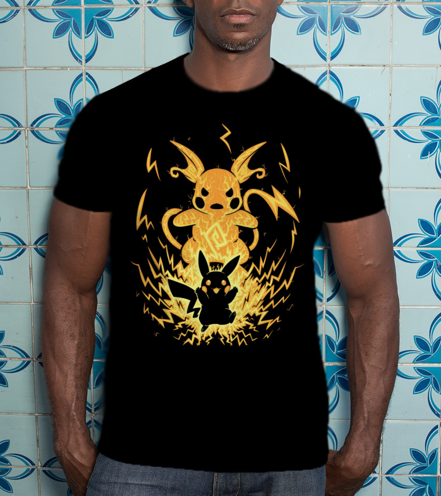 Evolution Pokemon Raichu With Pikachu And Lightning Background T-Shirt