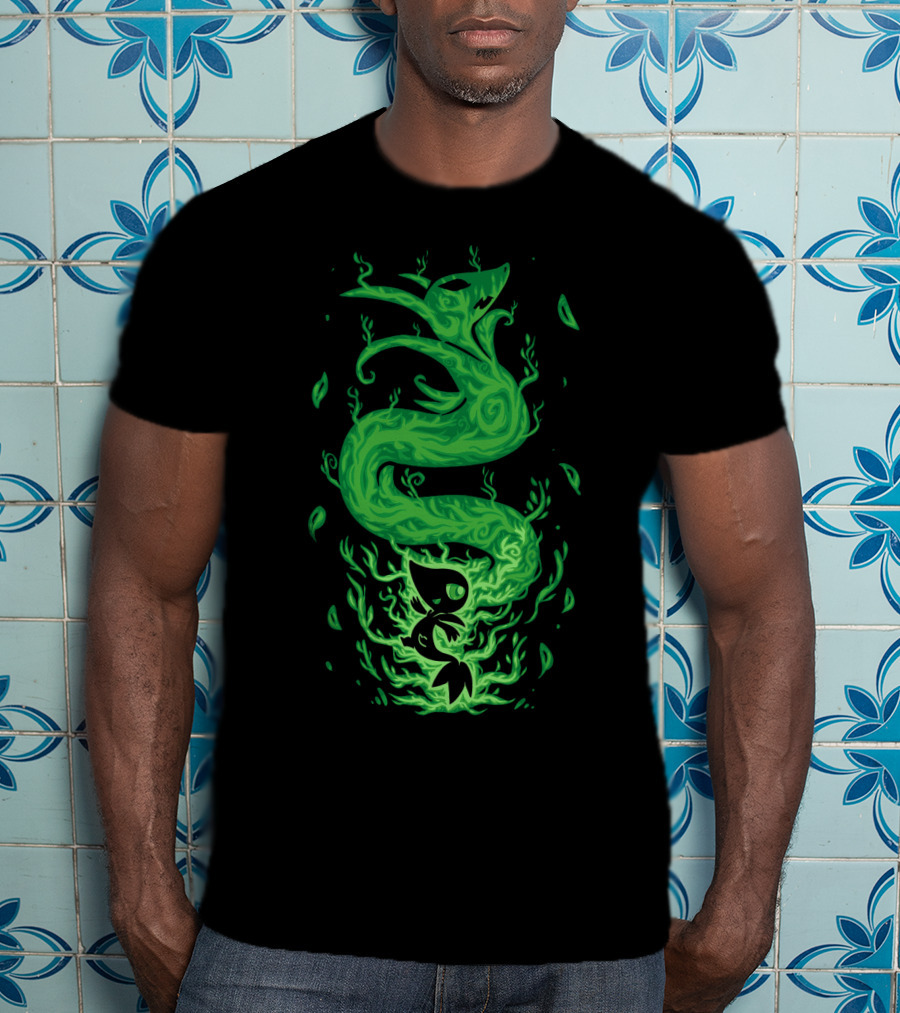 Evolution Pokemon Serperior Coiled Green Flames With Leaves T-Shirt