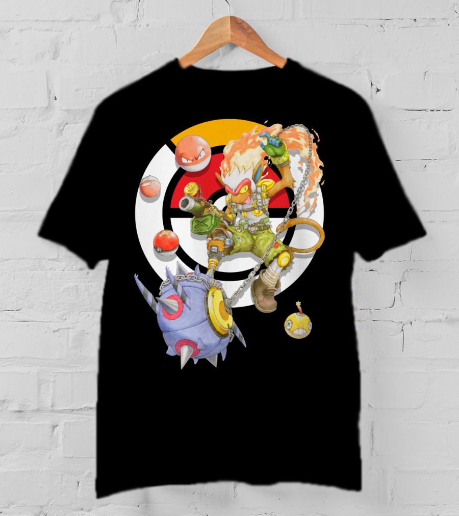 Pokemon X Overwatch Infernape And Junkrat Mashup With Pokeballs And Team Emblem T-Shirt