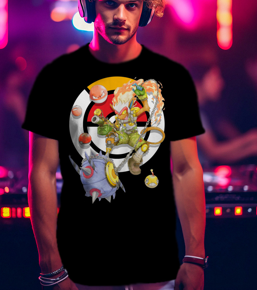 Pokemon X Overwatch Infernape And Junkrat Mashup With Pokeballs And Team Emblem T-Shirt