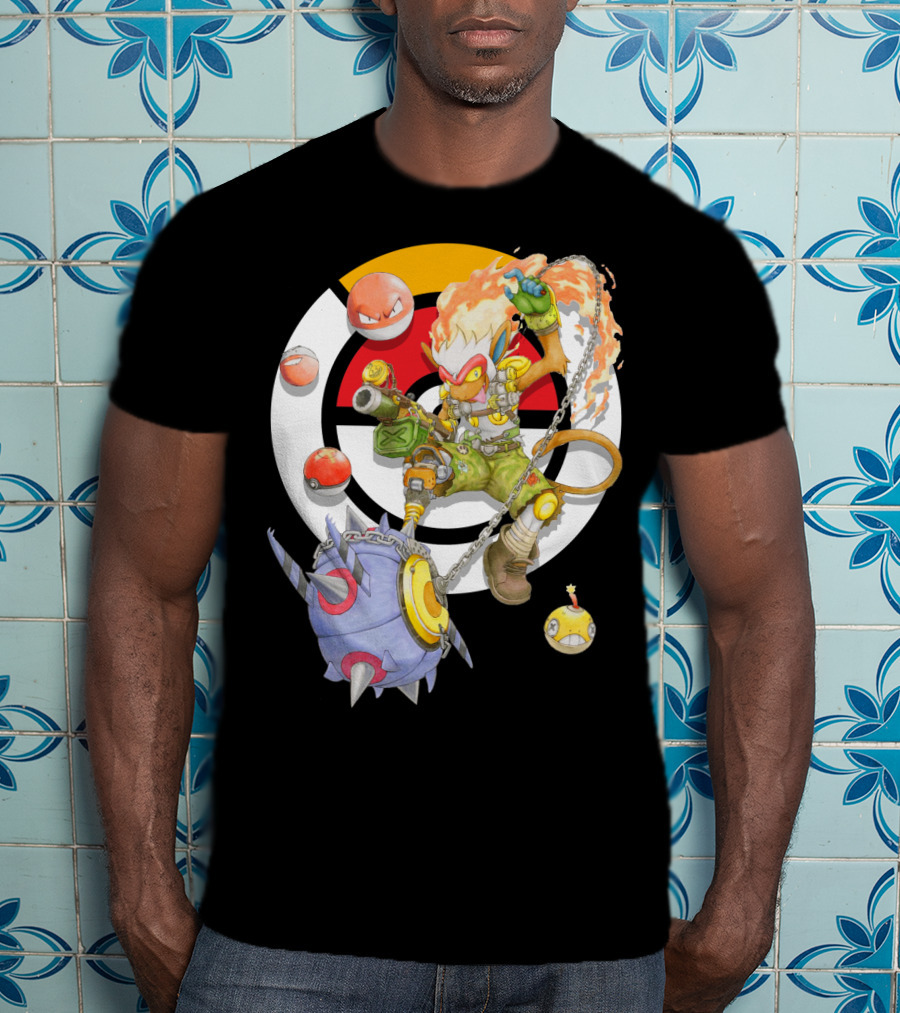 Pokemon X Overwatch Infernape And Junkrat Mashup With Pokeballs And Team Emblem T-Shirt
