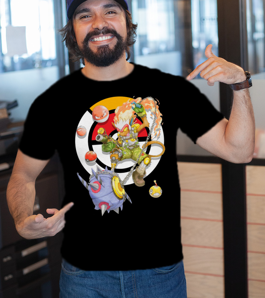 Pokemon X Overwatch Infernape And Junkrat Mashup With Pokeballs And Team Emblem T-Shirt