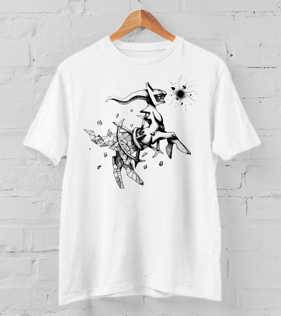 Geometric Pokemon Arceus Monochrome Ink Sketch With Abstract Fragmentation Elements T-Shirt