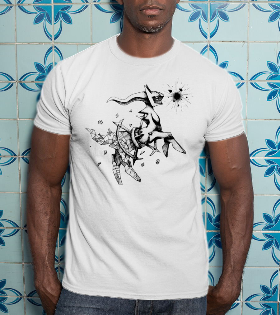 Geometric Pokemon Arceus Monochrome Ink Sketch With Abstract Fragmentation Elements T-Shirt