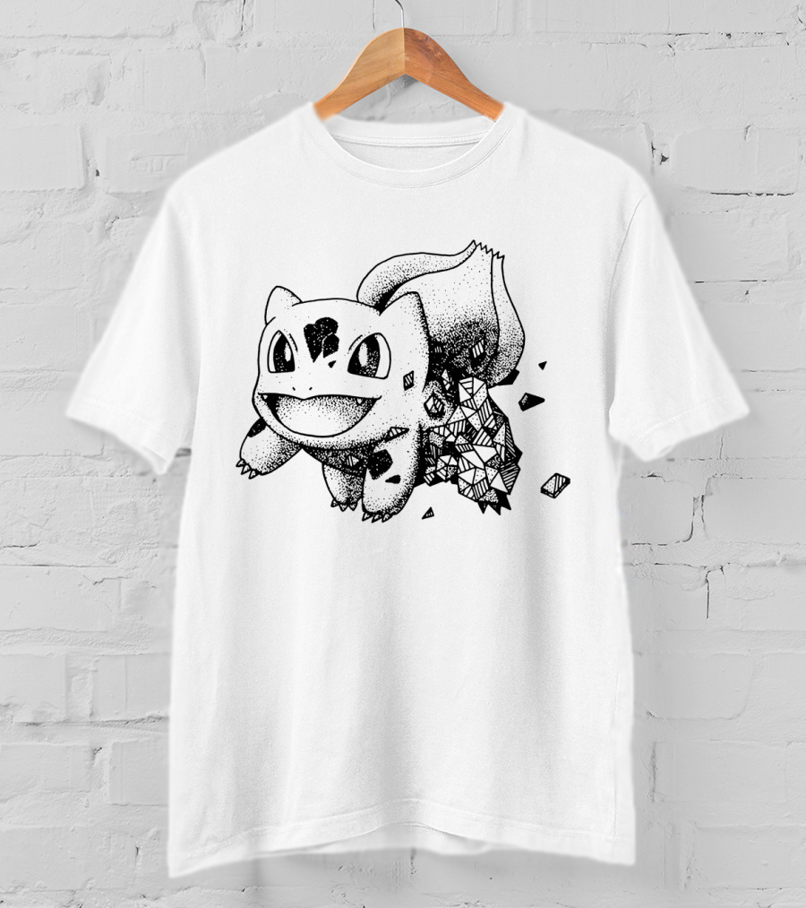 Geometric Pokemon Bulbasaur Pixel Art Style Black And White Pokedex Creature Digital Cubes T-Shirt
