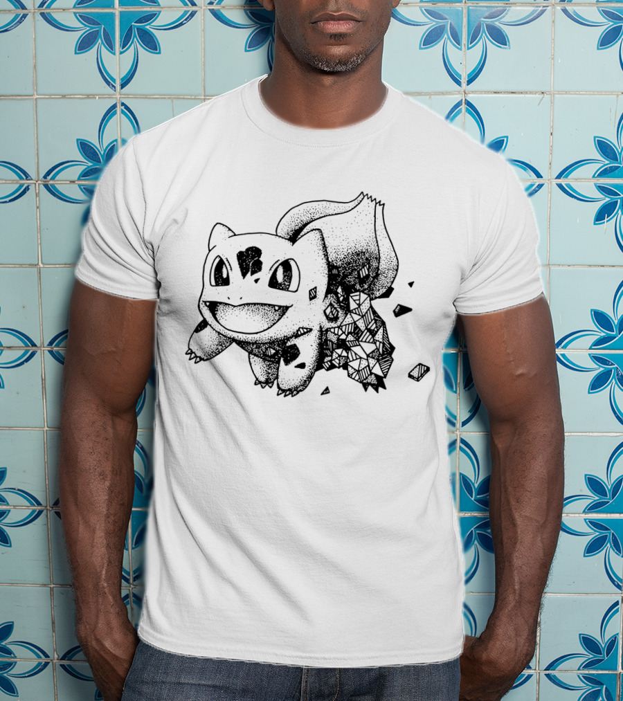 Geometric Pokemon Bulbasaur Pixel Art Style Black And White Pokedex Creature Digital Cubes T-Shirt
