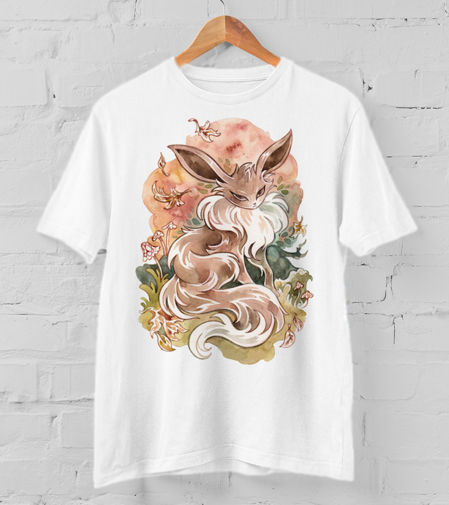 Watercolor Pokemon Eevee With Autumn Leaves And Flowers T-Shirt