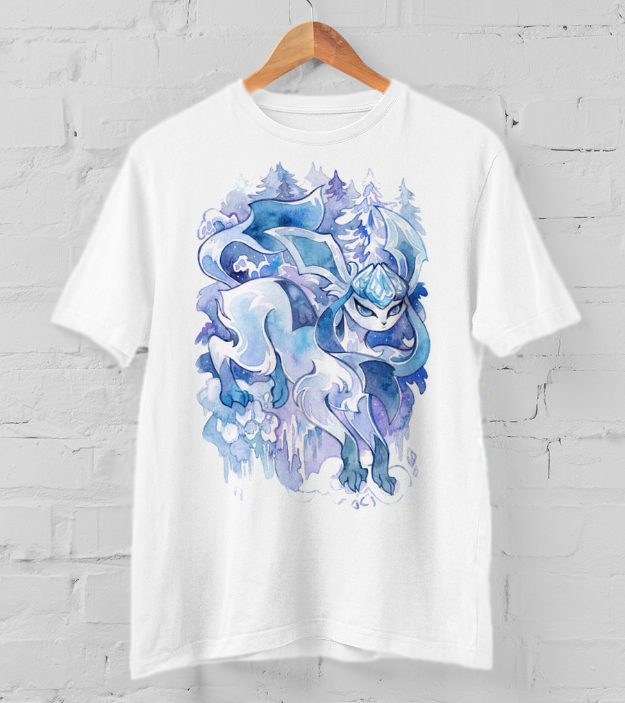 Watercolor Pokemon Glaceon Snowy Forest Background T-Shirt