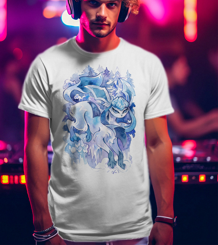 Watercolor Pokemon Glaceon Snowy Forest Background T-Shirt