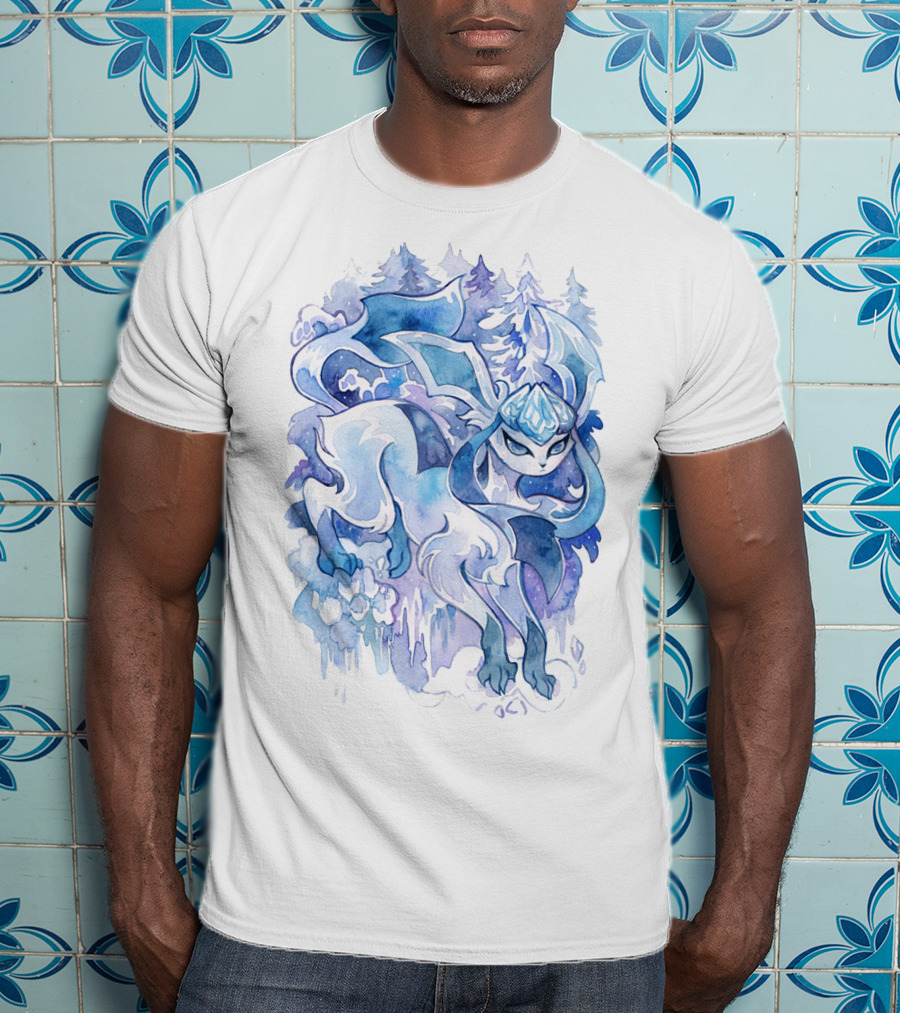 Watercolor Pokemon Glaceon Snowy Forest Background T-Shirt
