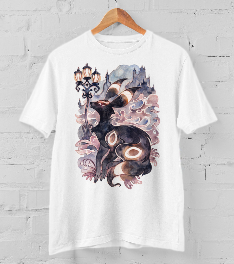 Watercolor Pokemon Umbreon Lamppost Castle Sky Background T-Shirt