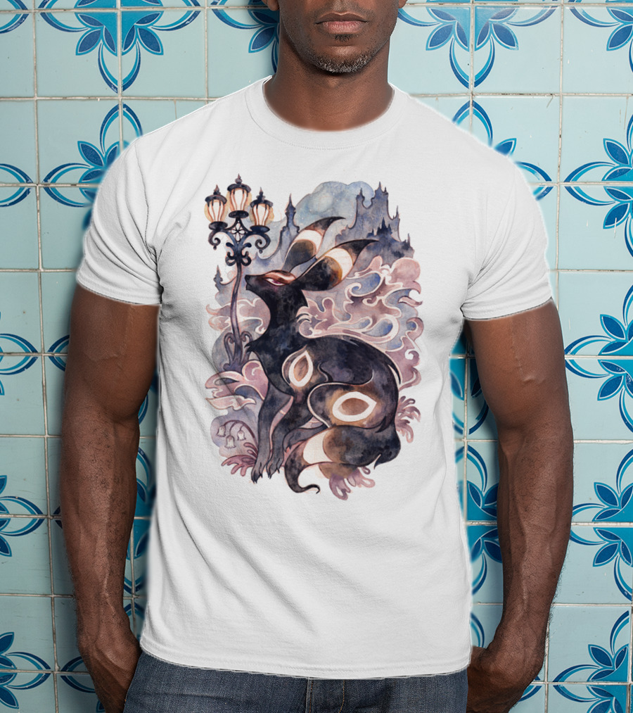 Watercolor Pokemon Umbreon Lamppost Castle Sky Background T-Shirt