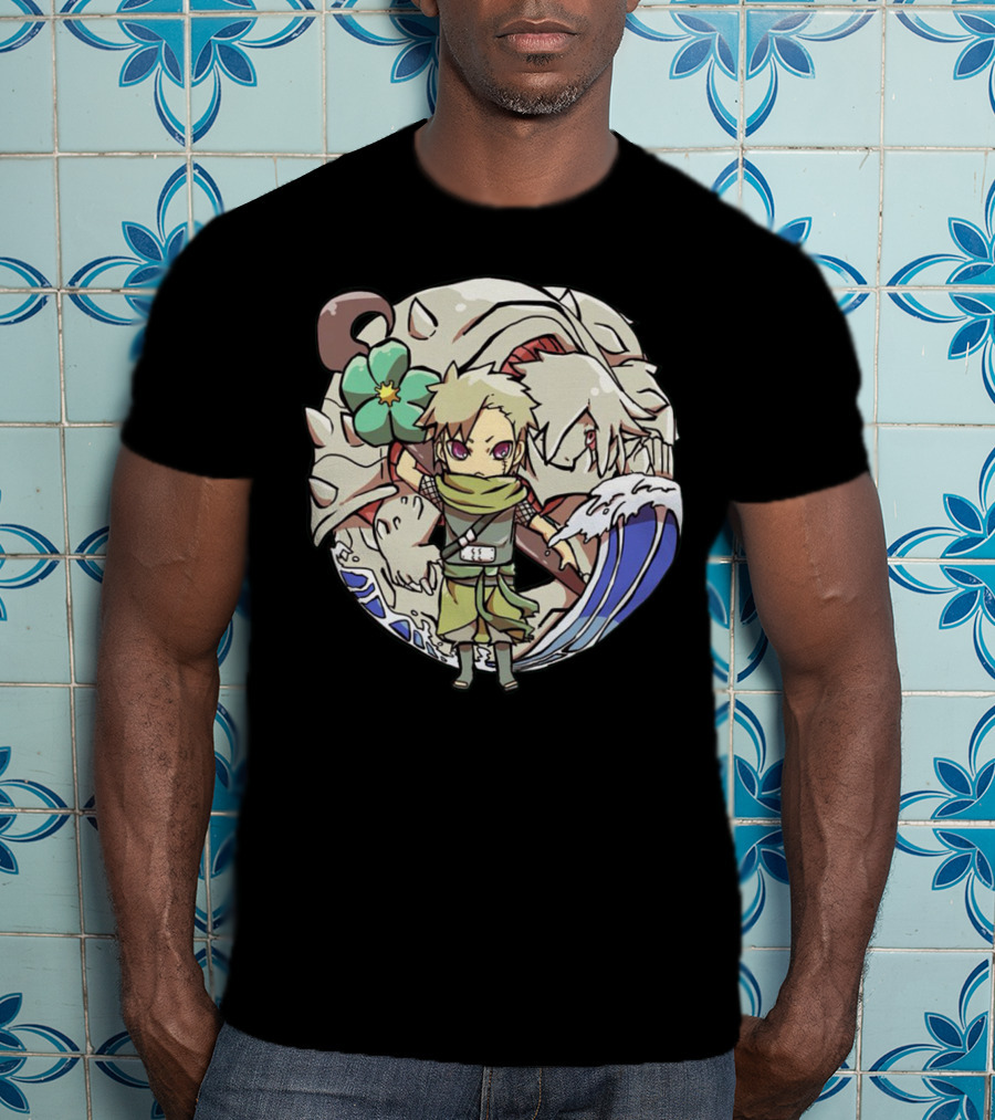 Katarachi Chibi Ninja And Beast With Flower And Wave T-Shirt