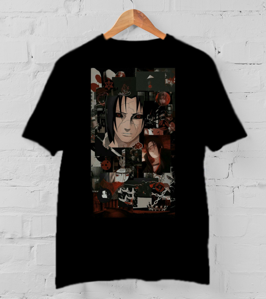 Uchiha Itachi Anime Character Collage With Sharingan And Akatsuki Symbols T-Shirt