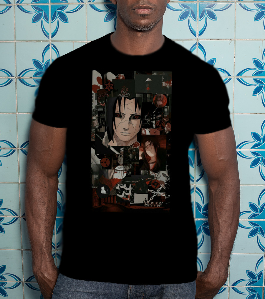 Uchiha Itachi Anime Character Collage With Sharingan And Akatsuki Symbols T-Shirt