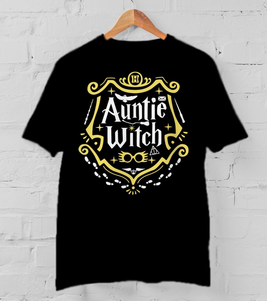 Auntie Witch H Badge Owls Snitch Hallows Wands Glasses Paw Prints Crest T-Shirt