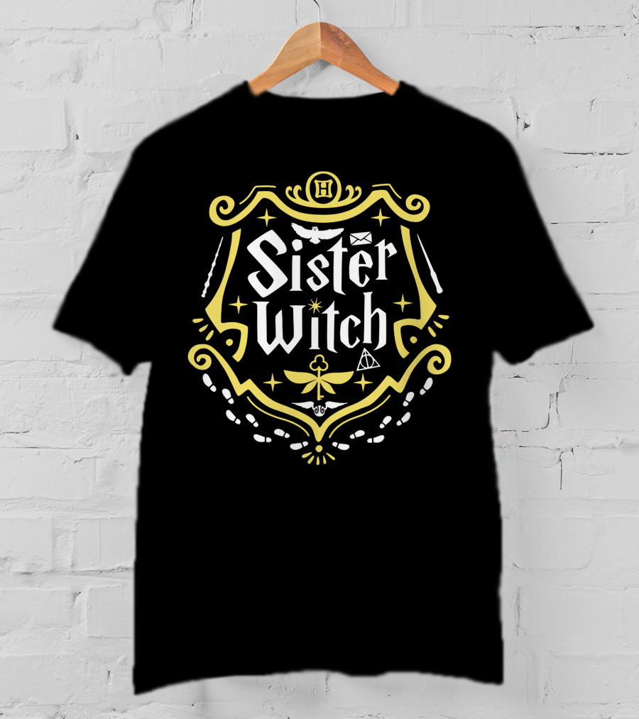 Sister Witch Hogwarts Inspired Crest With Owl Letter Magic Wands And Deathly Hallows T-Shirt
