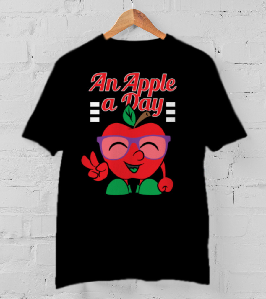 An Apple A Day Smiling Cartoon Apple With Glasses And Peace Sign T-Shirt