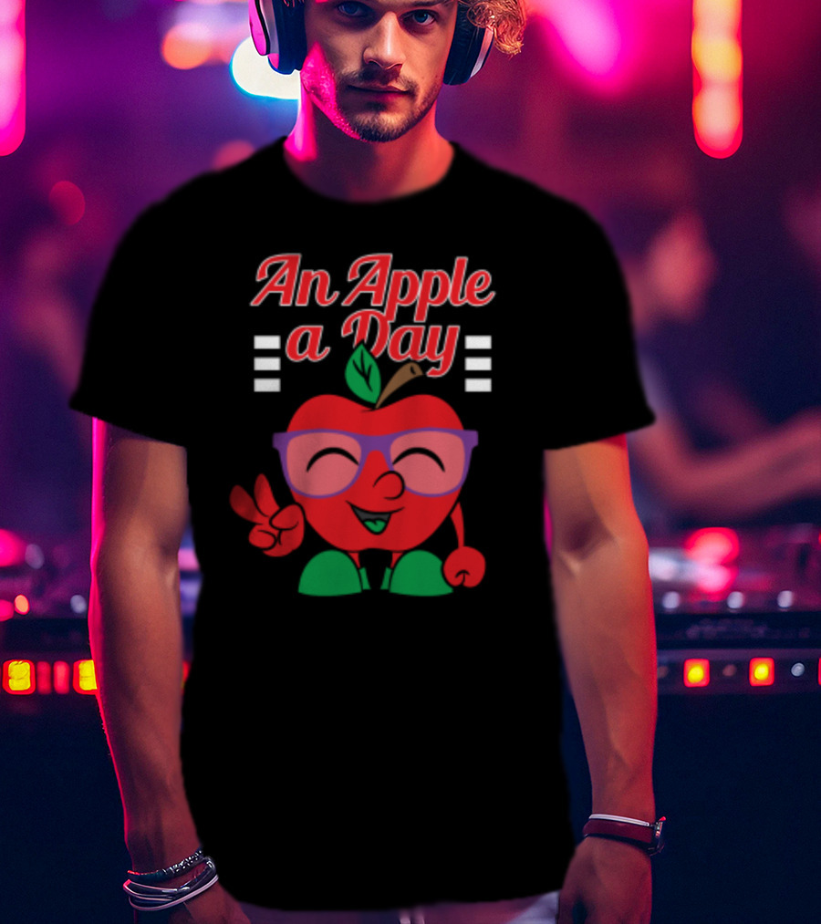 An Apple A Day Smiling Cartoon Apple With Glasses And Peace Sign T-Shirt
