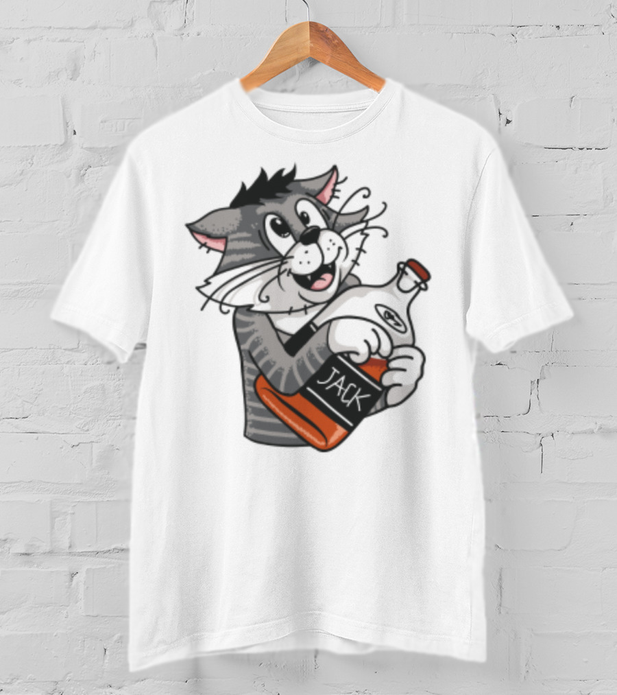 Jack Whiskey Cat Hugging Bottle Playful Striped Kitty Character T-Shirt