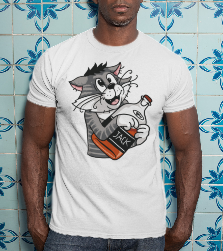 Jack Whiskey Cat Hugging Bottle Playful Striped Kitty Character T-Shirt