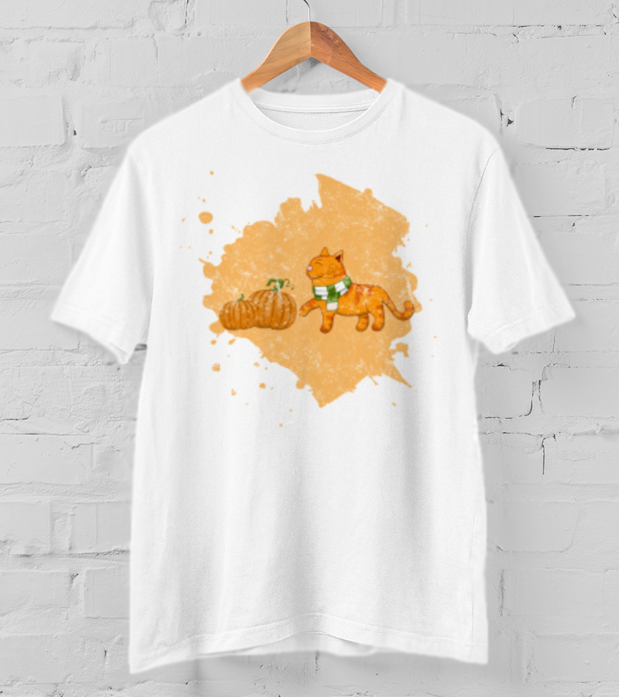 Kitty With Scarf And Pumpkins On Splash Background T-Shirt