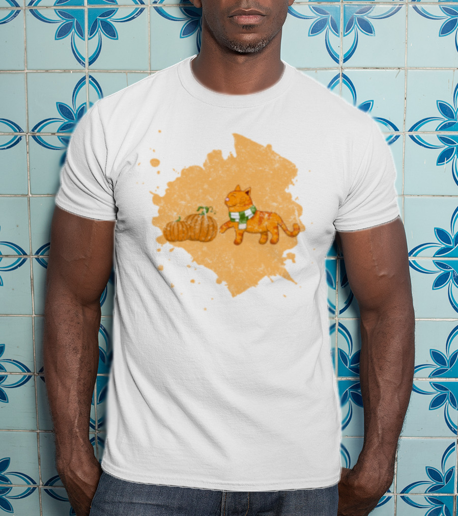 Kitty With Scarf And Pumpkins On Splash Background T-Shirt