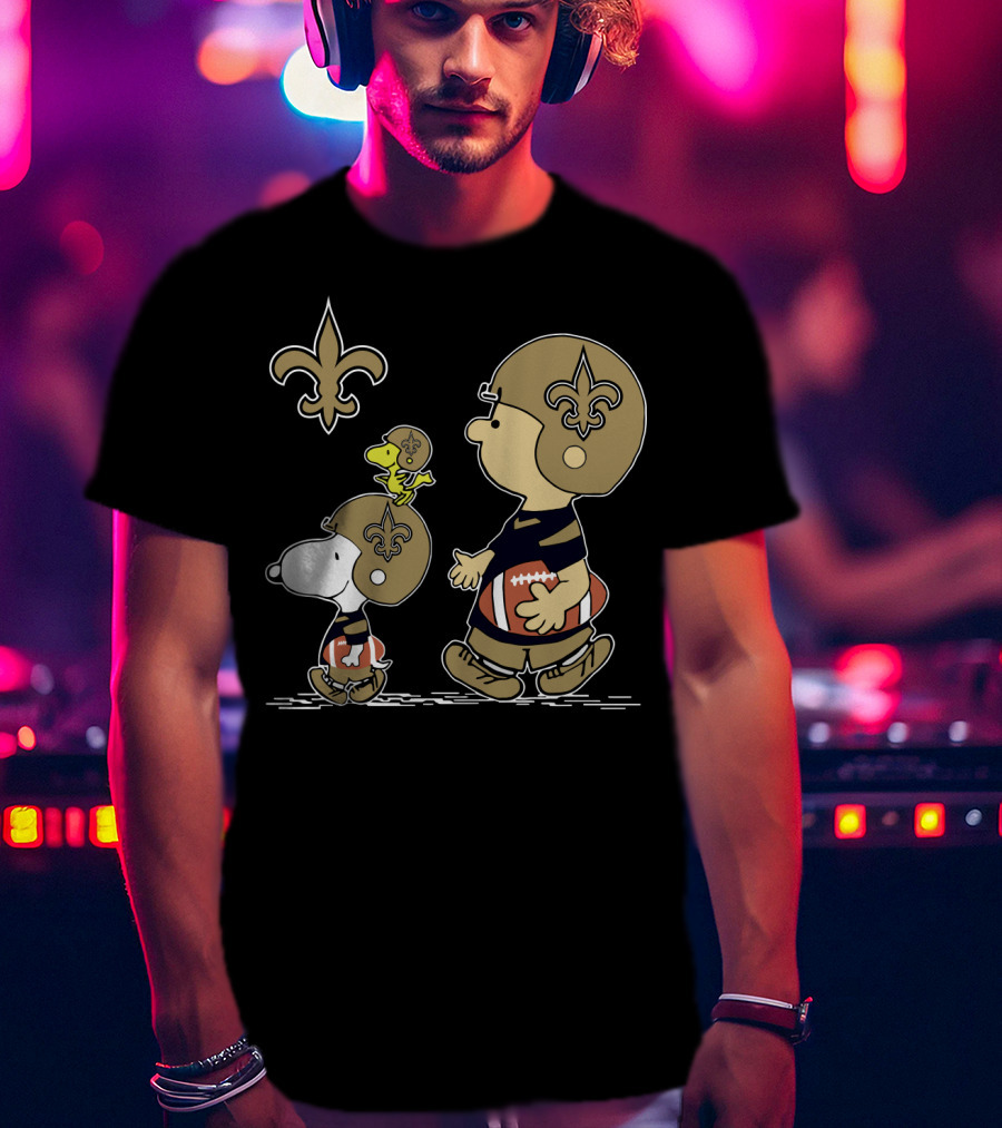 Christmas Peanuts Cute Football Saints Snoopy And Woodstock In Helmets T-Shirt
