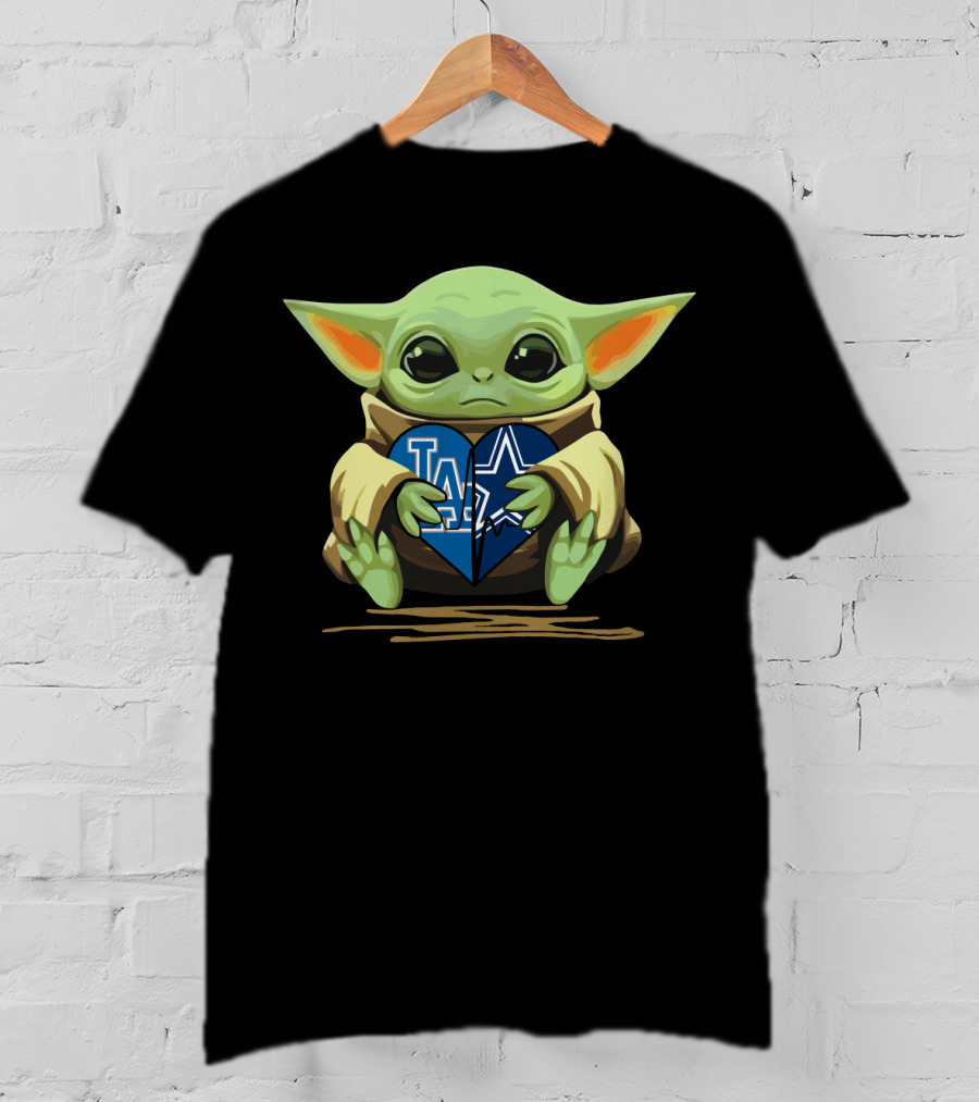Baby Yoda Holding La Dodgers Dallas Cowboys Heart T-Shirt