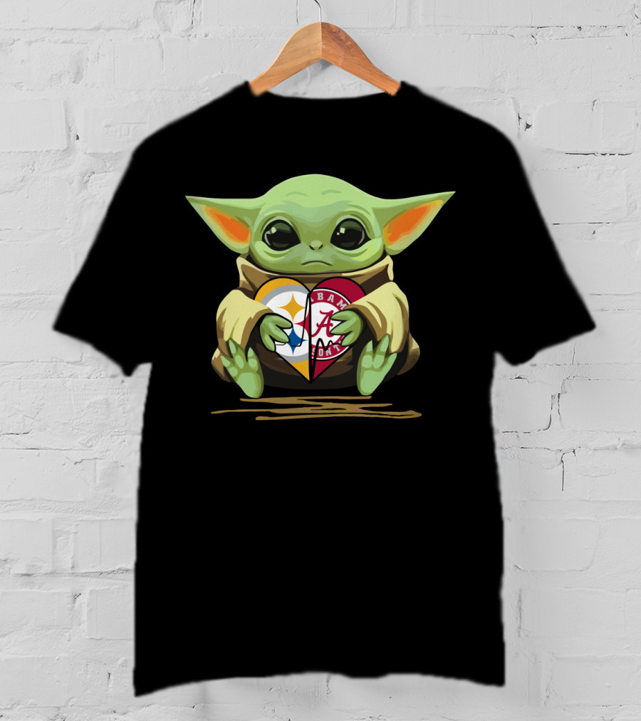 Baby Yoda Holding Pittsburgh Steelers Crimson Tide Alabama Heart T-Shirt