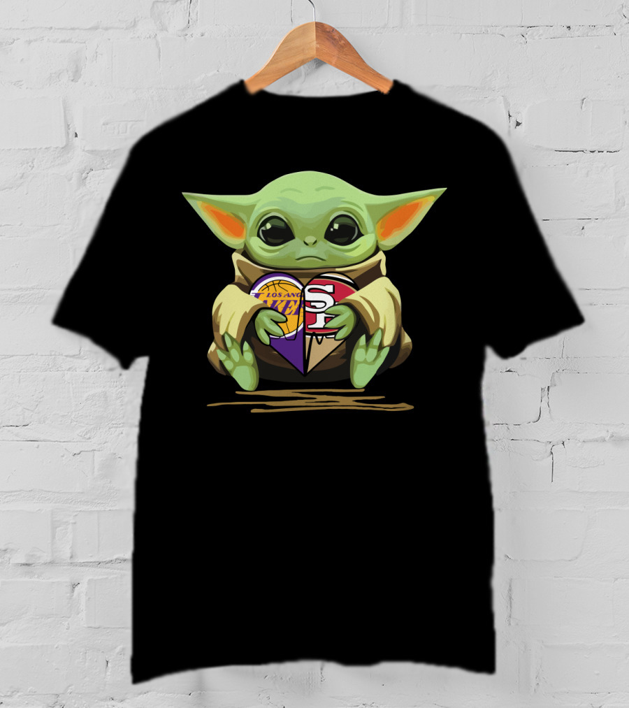 Baby Yoda Holding Los Angeles Lakers San Francisco 49ers Heart T-Shirt