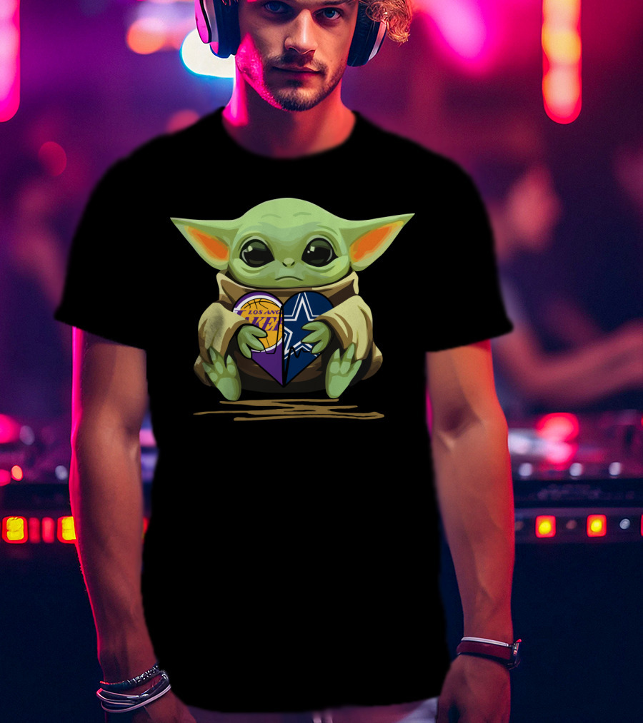 Baby Yoda Heart Los Angeles Lakers And Dallas Cowboys T-Shirt