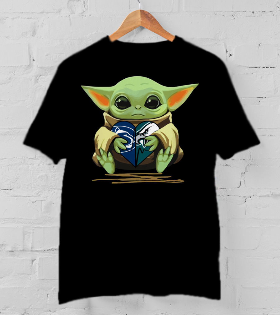Baby Yoda Holding Eagles Lions Heart T-Shirt
