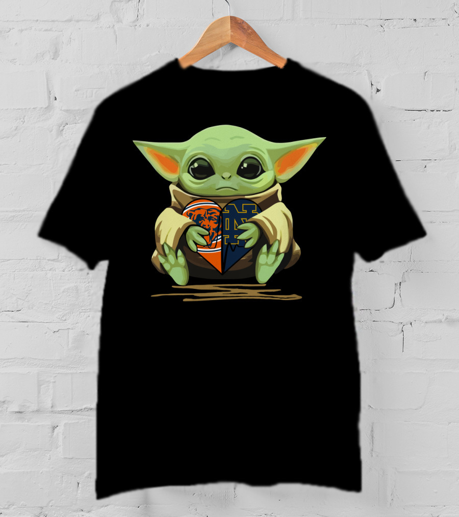 Baby Yoda Holding Chicago Bears And Notre Dame Irish Heart-Shaped T-Shirt