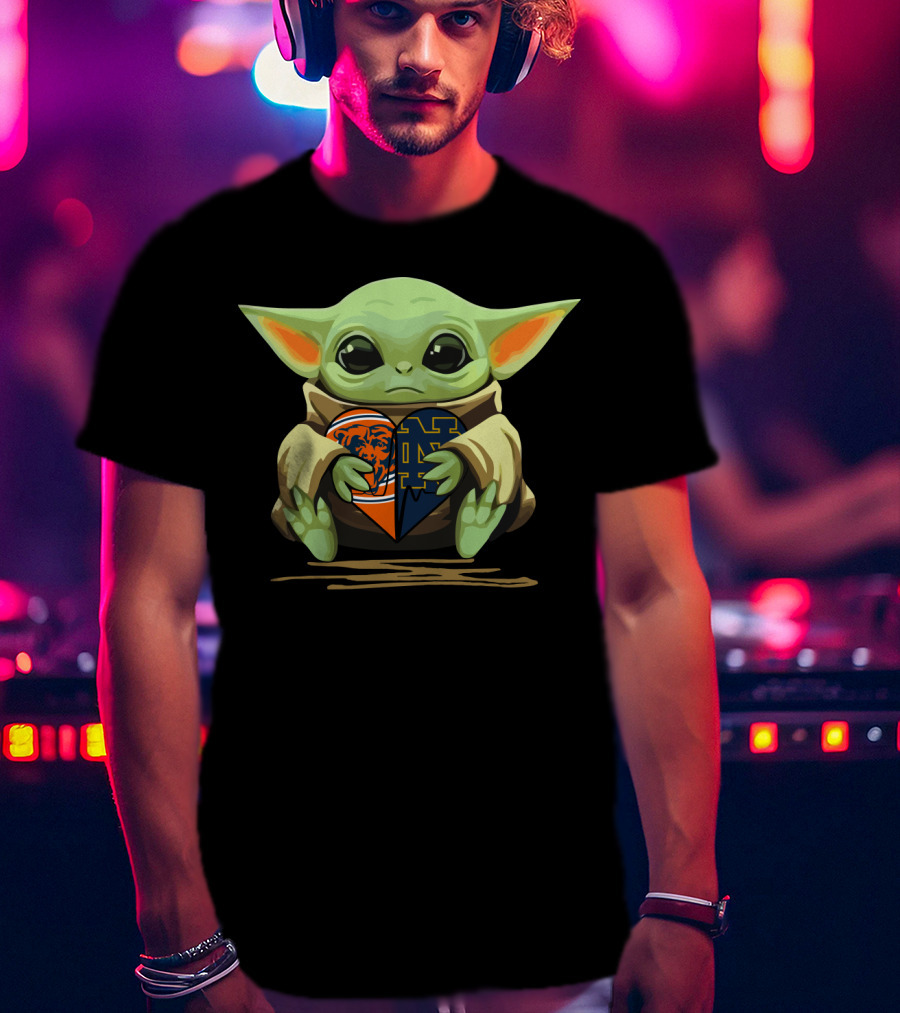 Baby Yoda Holding Chicago Bears And Notre Dame Irish Heart-Shaped T-Shirt