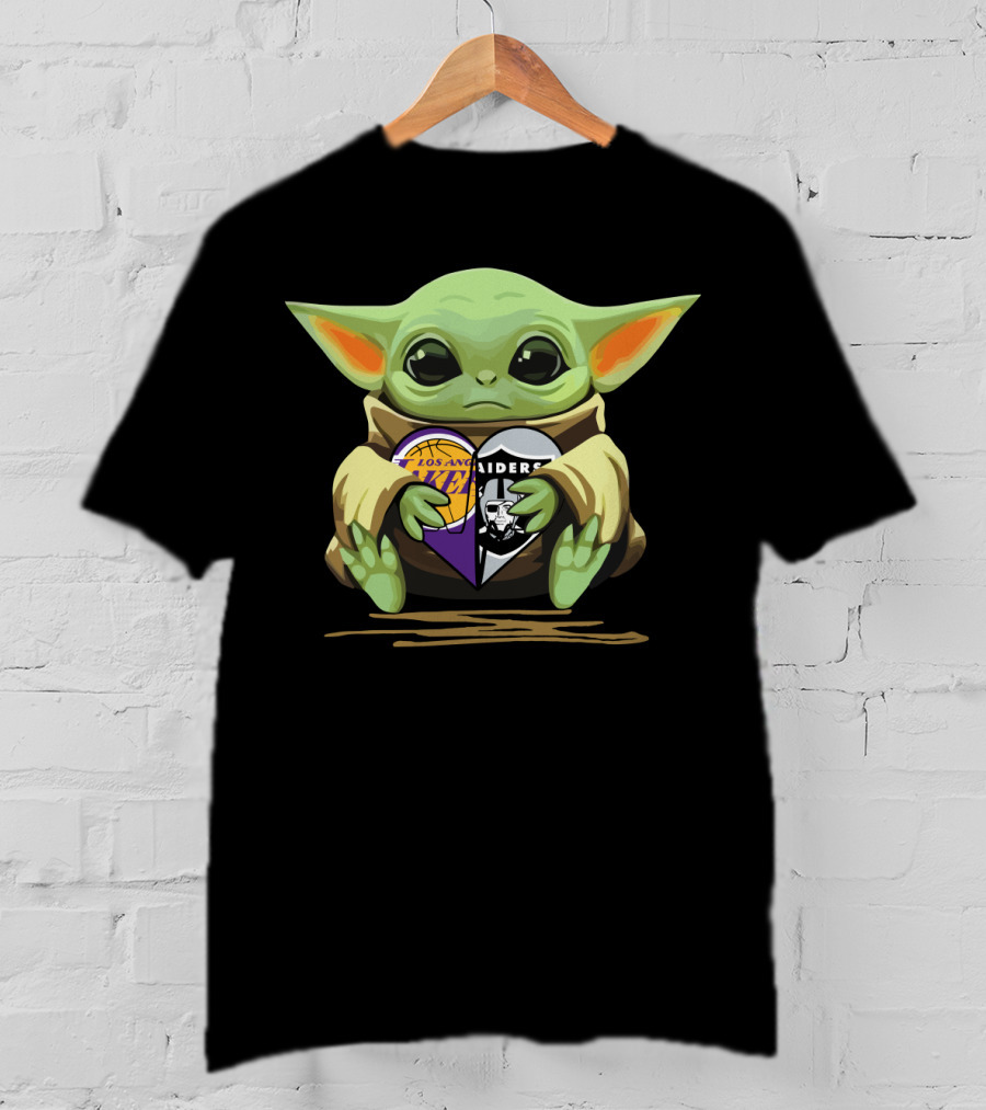 Baby Yoda Heart Los Angeles Lakers Raiders T-Shirt