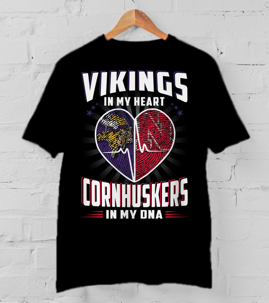 Vikings IN My Heart Cornhuskers IN My Dna Fingerprint Heartbeat T-Shirt