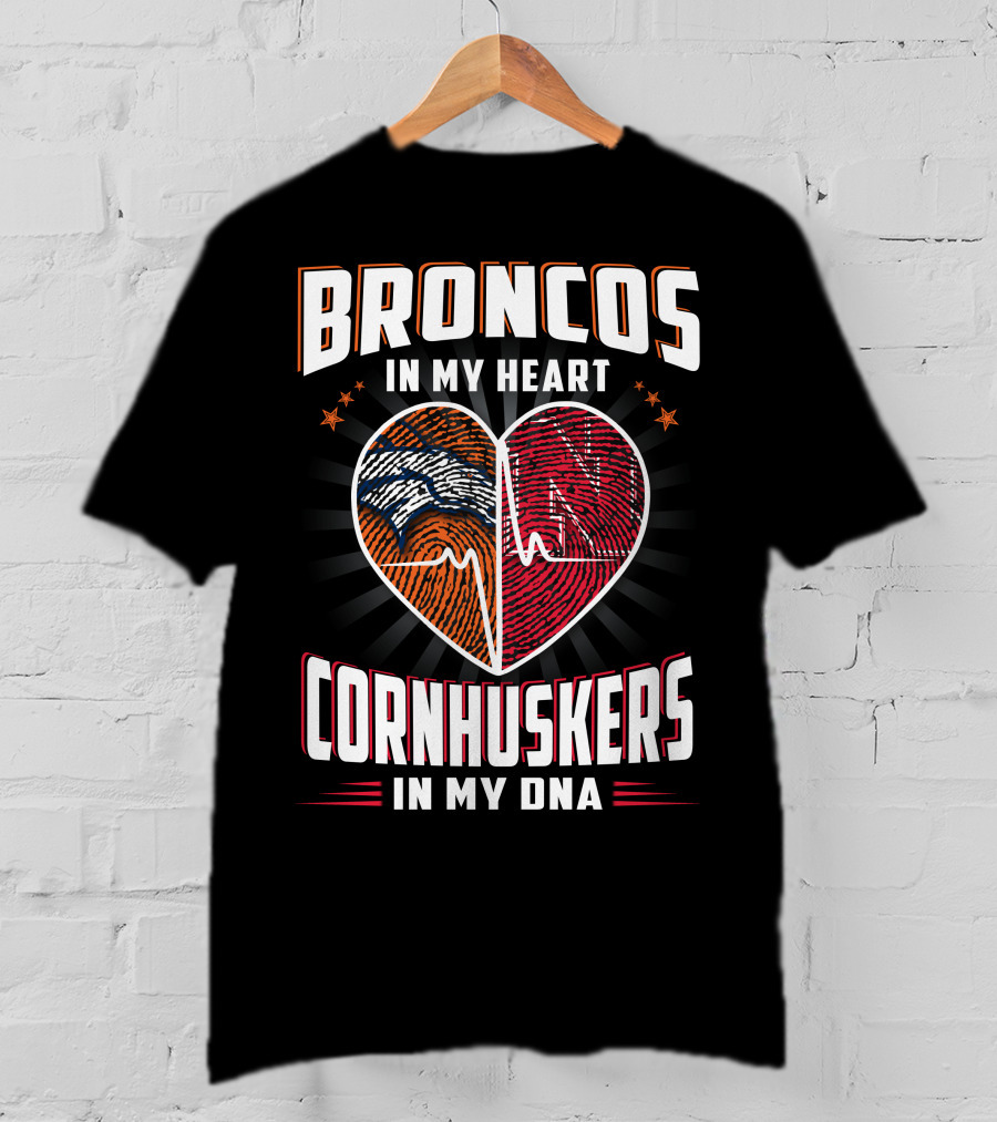Broncos Heart Cornhuskers Dna Fingerprint Football Pride T-Shirt
