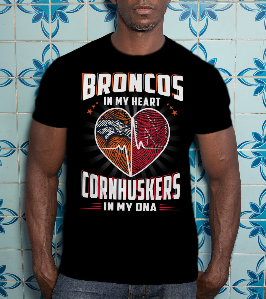 Broncos Heart Cornhuskers Dna Fingerprint Football Pride T-Shirt