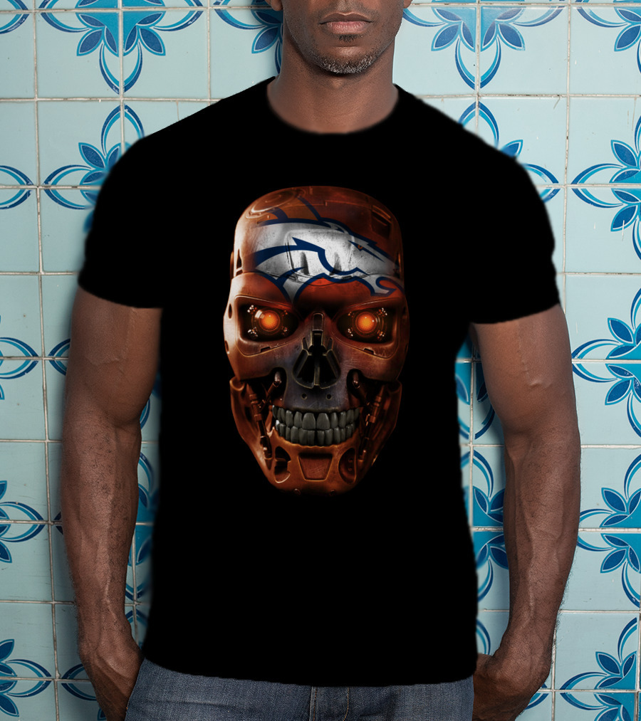 Skull With Broncos Logo Style T-Shirt