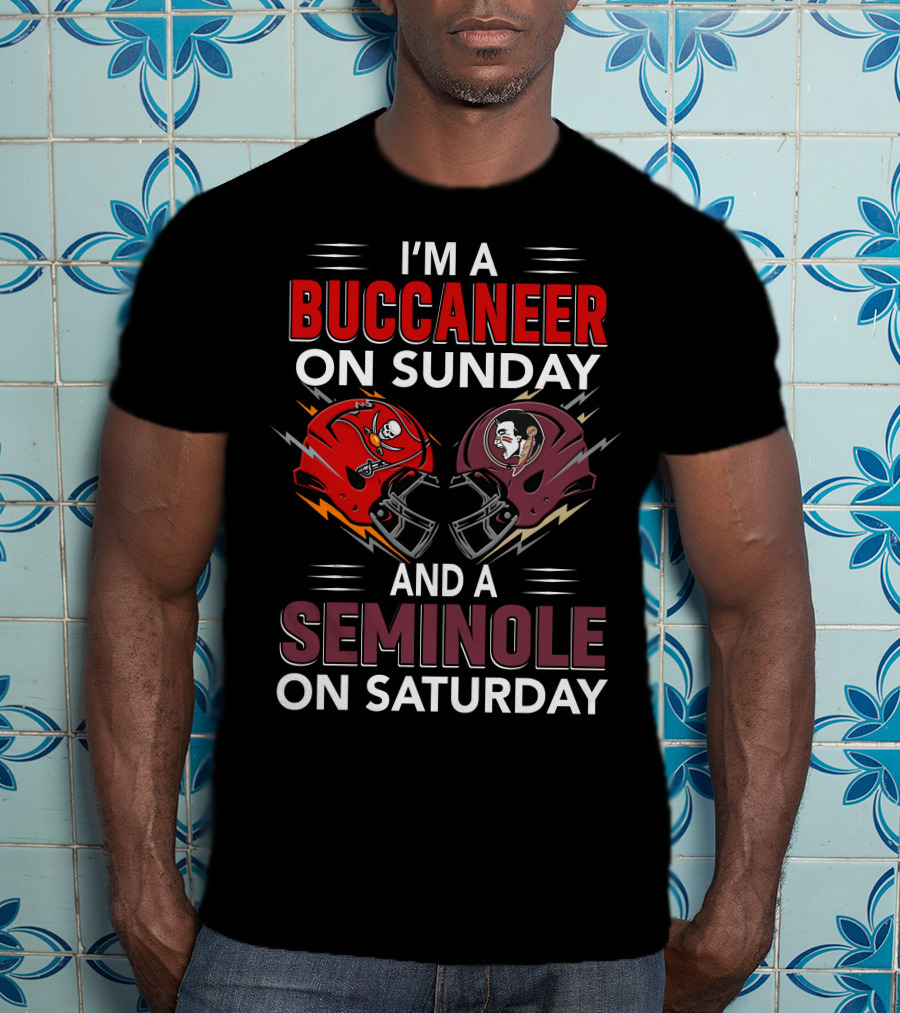 I'm A Buccaneer On Sunday And A Seminole On Saturday Helmet Logo Matchup T-Shirt
