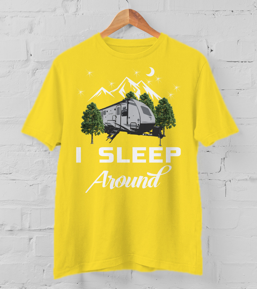 I SLEEP AROUND Forest River Surveyor Camper And Mountain Scene T-Shirt