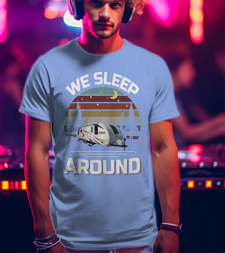 WE SLEEP AROUND Camper Moon Trees Retro Stripes T-Shirt