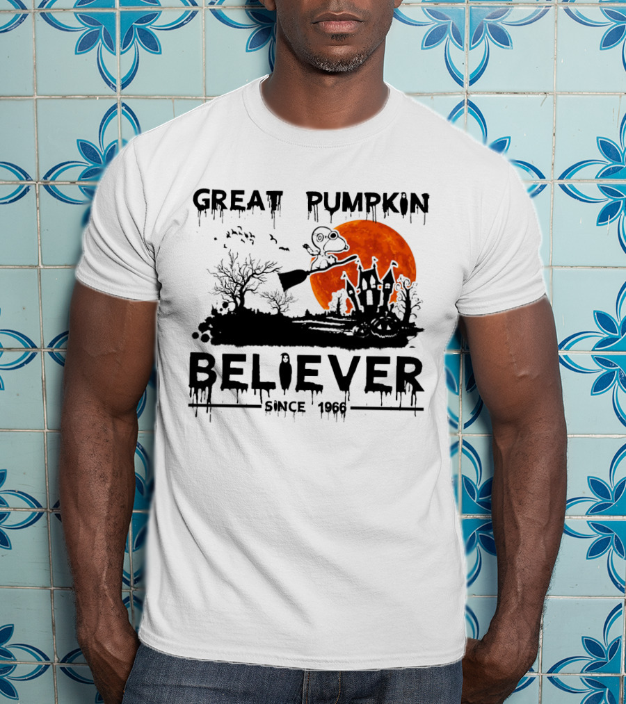 Great Pumpkin Believer Since 1966 Snoopy Flying On Broomstick Halloween Scene T-Shirt