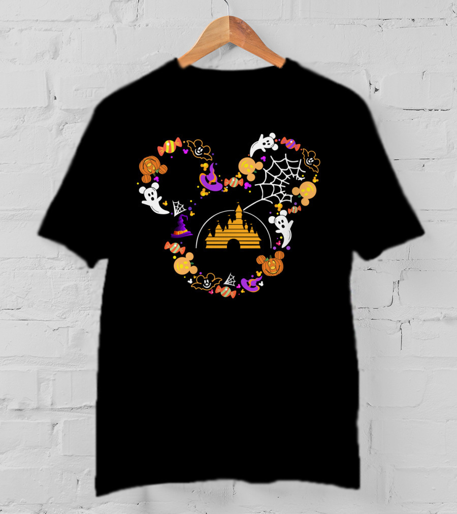 Disney Halloween Mickey Ears Castle Ghosts Spider Web Candy Icons T-Shirt