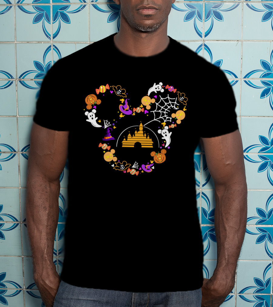Disney Halloween Mickey Ears Castle Ghosts Spider Web Candy Icons T-Shirt