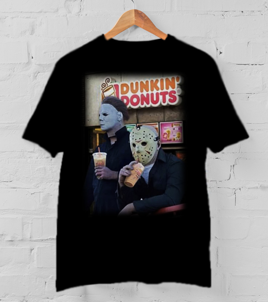 Michael Myers And Jason Voorhees At Dunkin' Donuts Holding Drinks T-Shirt